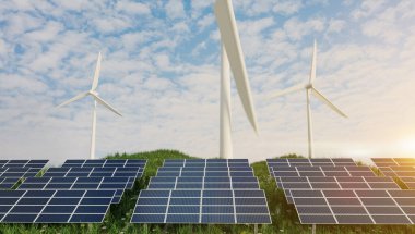 Küçük tepede güneş panelleri olan rüzgar değirmeni, yeşil enerji ve yeşil enerji konsepti, üç boyutlu çizimler