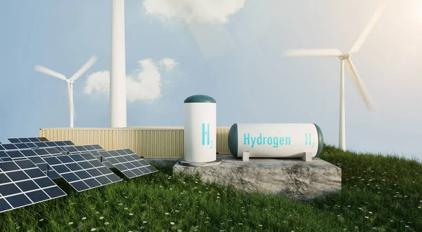 Waterstof Generatoren Waterstof Opslagtank Kleine Heuvel Met Molen Turbines Zonne — Stockfoto