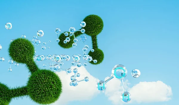 Water molecules on sky backgrounds, hydrogen power and clean energy concepts, 3D illustration rendering