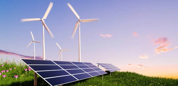 Landscape Wind Turbine Solar Panal Electrical Power Generate Nature Green — Stock Photo, Image