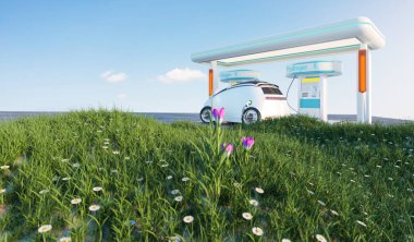 hydrogen power station with green grass field, 3d illustration rendering