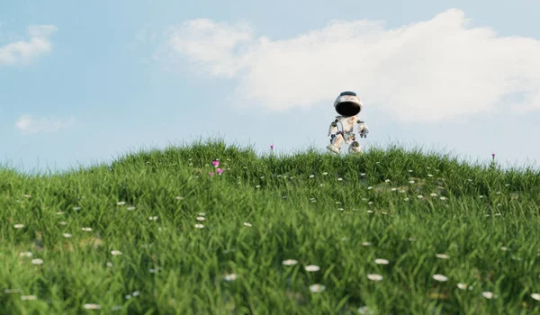 Small Bot Walking Grass Field Friendly Technology Environment Concept Illustration — Zdjęcie stockowe