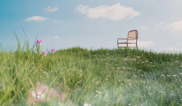 Wooden Chair Small Hill Grass Field Environment Human Friendly Concept — Fotografia de Stock