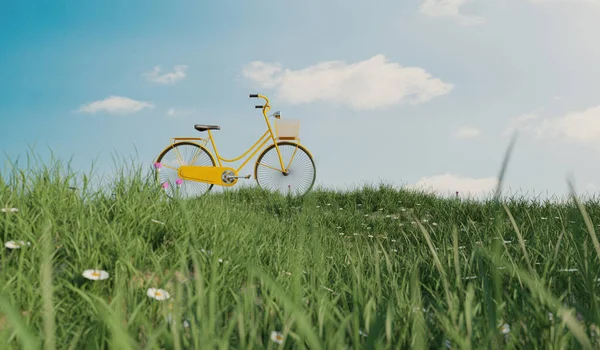 Yellow Bicycle Field Grass Hill Safe Earth Environment Protection Concept — Photo