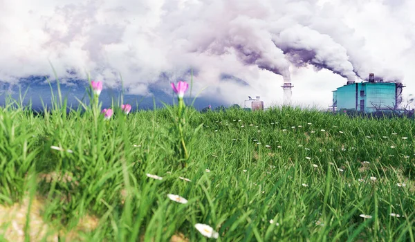 comparing air pollution and factory with green grass field with flower, environment safe and earth protection concept, 3d illustration rendering