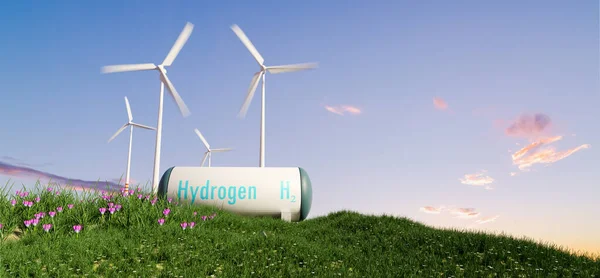 Δεξαμενή Ισχύος Υδρογόνου Και Ανεμογεννήτρια Πράσινο Υδρογόνο Και Renwable Έννοια — Φωτογραφία Αρχείου