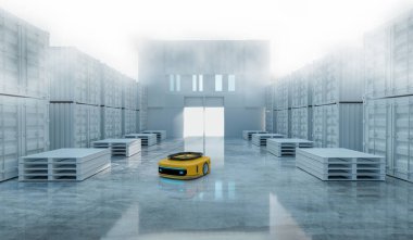 AGV machine in white warehouse, logistic and product stock warehouse, robotic machine working, 3d illustration rendering