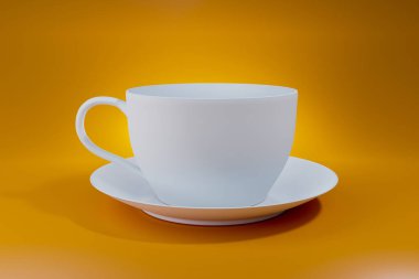 white coffee cup mock upon orange background, 3d illustration rendering