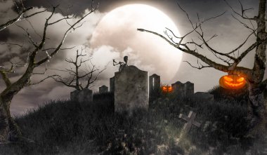 full moon night at grave halloween poster design, 3d illustration rendering