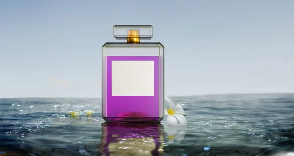 perfume mock up with white paper on bottle on fresh water, 3d illustration rendering