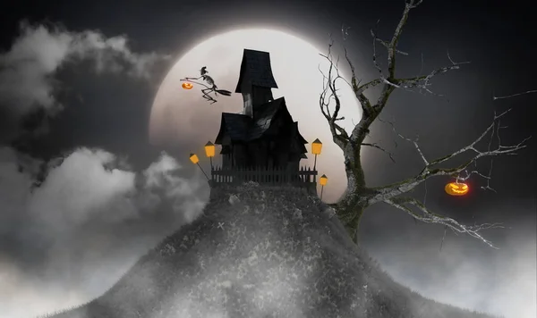 Skeleton Witch Black Castle Small Hill Grave Halloween Festival Concept — Photo