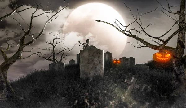 Full Moon Night Grave Halloween Poster Design Illustration Rendering —  Fotos de Stock