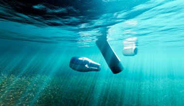 Sea pollution and dirty beach and water, 3D illustration rendering