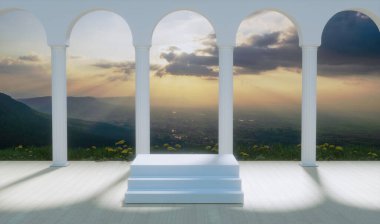 Büyük binada yumuşak odaklı beyaz podyum, 3D resimleme