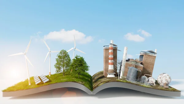 old industry make pollution with green power and safe earth opposite side of opened fantasy book design, 3d illustration rendering