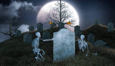 Mezarlıkta insan kemiğiyle Cadılar Bayramı partisi, üç boyutlu çizimler 