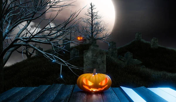 Halloween Pompoen Kerkhof Met Volle Maan Nacht Illustratie Rendering — Stockfoto