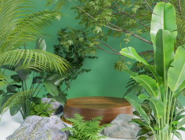 ürün sunumu için podyumu olan yeşil bitki, 3d illüstrasyon oluşturma