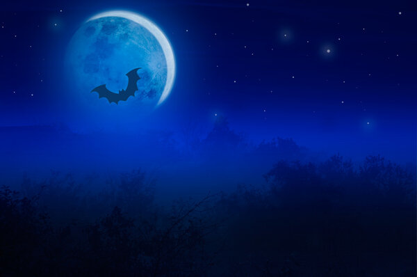 Halloween background with bat against huge moon and foggy forest at night