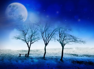 ay, yıldızlar ve kar kış gece fairytale sahne. Noel ve yeni yıl kartı kullanılabilir