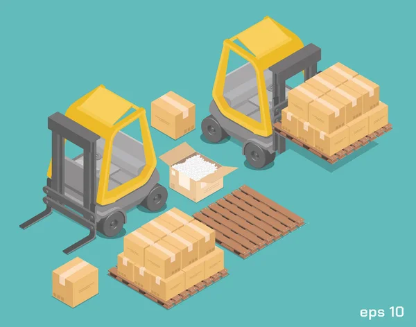 Forklift aracının izometrik biçimdeki vektör illüstrasyonu.