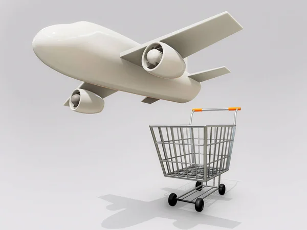 3D rendering shopping cart and air plane.,Shopping online shopping cart Concept e-commerce and delivery service connections and plane.,Concept for shopping, travel, contest, economy.