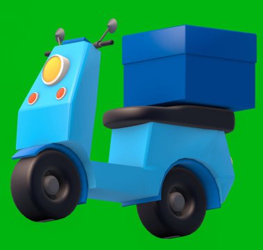 Kutulu 3D Renkli Mobilet, Scooter ve teslimat paketleri, Motosiklet ya da Scooter Çizgi Filmi Biçimi Renkli Teslimat Hizmeti Konsepti ile izole edildi.