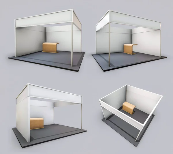 Beyaz ve boş Booth., beyaz arka plan üzerinde izole 3d render. Yüksek çözünürlük reklam şablonunun Expo tasarımınız için.