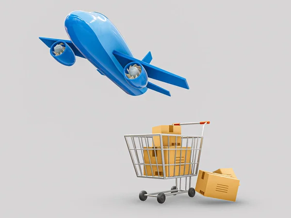 3D rendering shopping cart and air plane,Shopping online shopping cart Concept e-commerce and delivery service connections and plane.,Concept for shopping, travel, contest, economy.