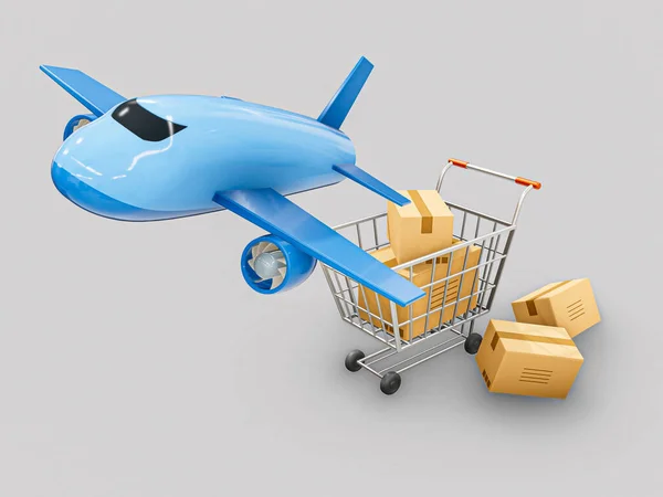 Rendering Shopping Cart Air Plane Shopping Online Shopping Cart Concept — 스톡 사진