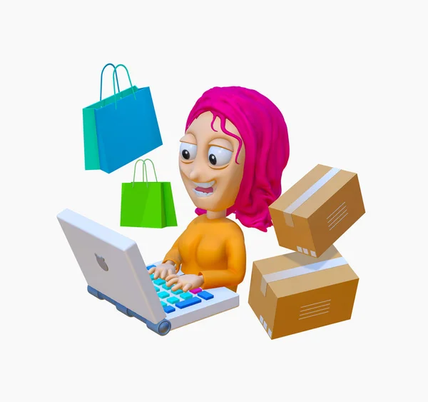 3D cartoon woman shopping online from laptop., illustration isolated on white background.