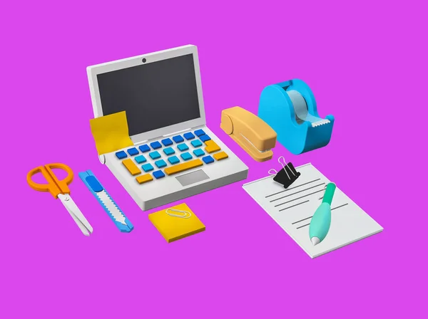 A set of stationary items office., 3d minimalist style., office school pen writing paperwork symbol 3d illustration rendering icon editable isolated.