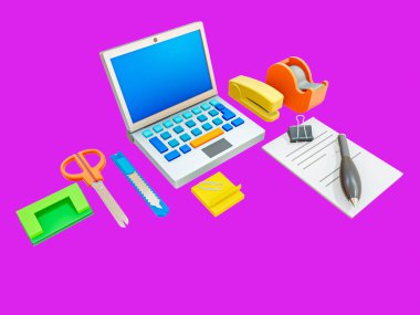 A set of stationary items office., 3d minimalist style., office school pen writing paperwork symbol 3d illustration rendering icon editable isolated.