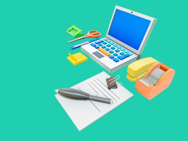 A set of stationary items office., 3d minimalist style., office school pen writing paperwork symbol 3d illustration rendering icon editable isolated