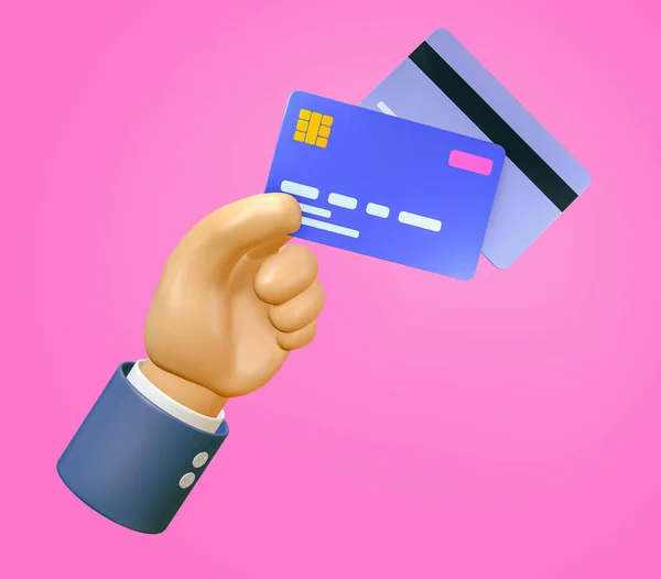 Cartoon hand holding bank credit card or debit.,3D Illustration., 3D cartoon hand of businessman holding  credit card for payment.