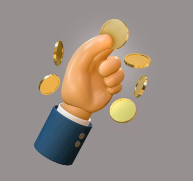 Karikatür el ele para tutuş, 3D illüstrasyon, ödeme için para tutan işadamının üç boyutlu karikatür eli..