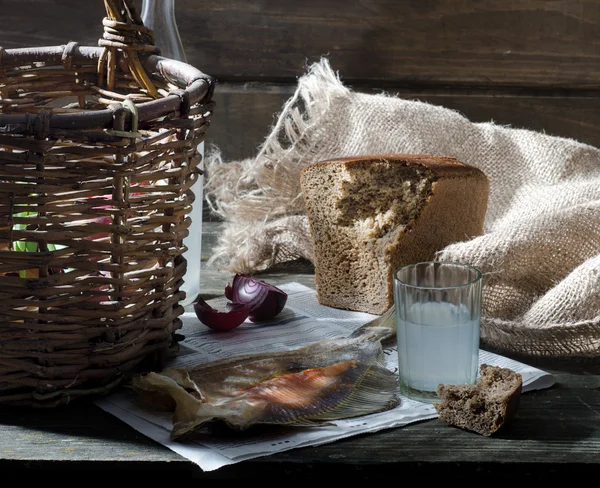 Moonshine and snack on the table — Stock Photo, Image