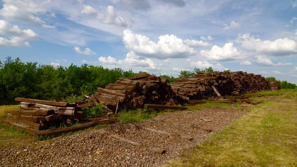 Pali Più Grandi Traversine Ferroviarie Legno Usate Accatastate Traversine Legno — Foto Stock