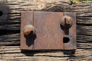 Eski ahşap bir demiryolu üzerinde paslı bir cıvatayla terk edilmiş eski bir demiryolu kravatı..