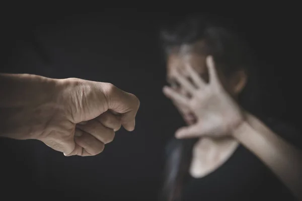 Domestic Violence Women Covering Faces Fear Women Victims Abuse Harassment — Stock Photo, Image