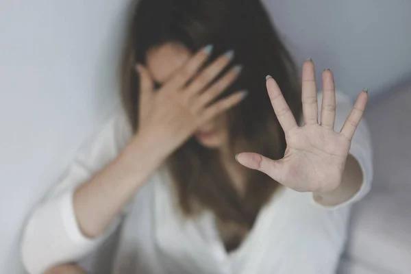 Woman Raising Her Hand Stop Sexual Harassment Human Trafficking Stop — Stock Photo, Image