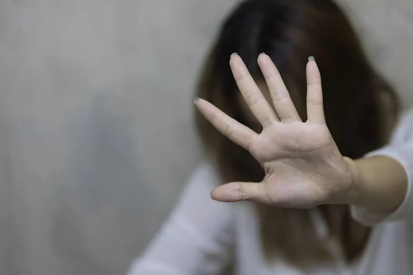 Mão Feminina Está Parar Assédio Quarto Acabar Com Violência Contra — Fotografia de Stock