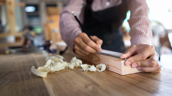 Happy Attractive Hardworking Middle Aged Professional Female Carpenter Worker Looking — Stockfoto