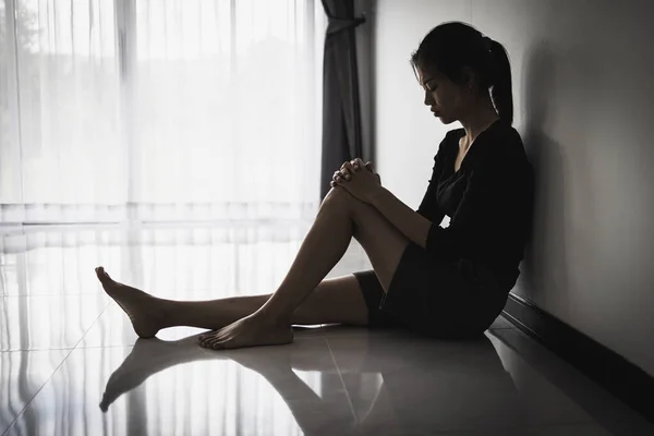 Woman Sitting Alone Depressed Depression Woman Sit Floor Human Trafficking — Stock Photo, Image