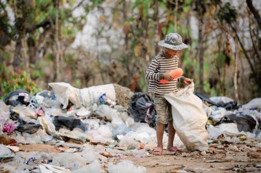 Poor people collect garbage for sale,   People living in garbage heaps walking to collect recyclable waste to be sold to poverty concept, child labor, human trafficking. 