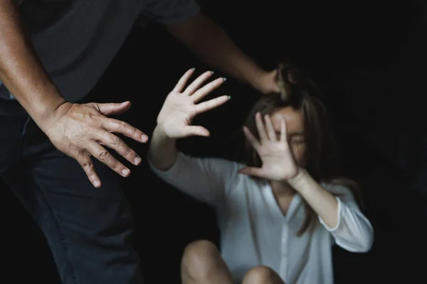 Man Using Force Coerce Woman Scared Woman Lift Hand Say — Stock Photo, Image