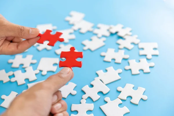 Hand Woman Connecting Jigsaw Puzzle Business Solutions Success Strategy Business — Stock Photo, Image