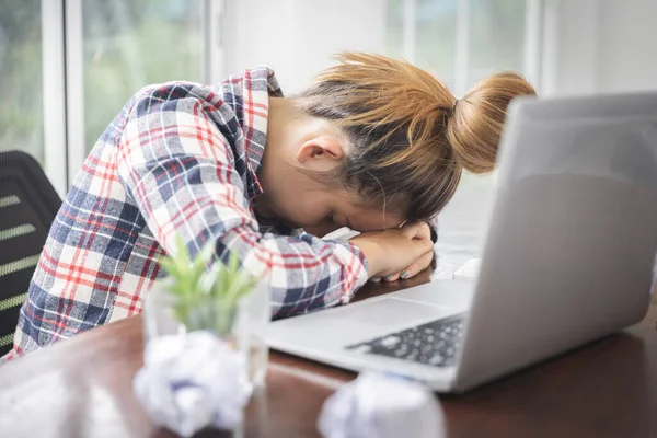 Sad Depressed Woman Deep Thought Office Stress Failure Work — Foto de Stock