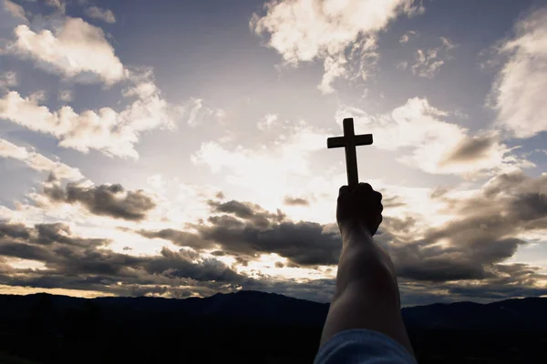 Silhouette Woman Hands Praying Cross Nature Sunrise Background Crucifix Symbol — Stock Photo, Image