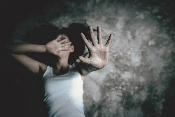 Mulher Levantou Mão Para Dissuadir Abuso Campanha Parar Violência Contra — Fotografia de Stock